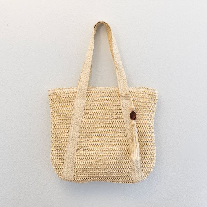 Large Woven Straw Shoulder Tote with Tassel Accent