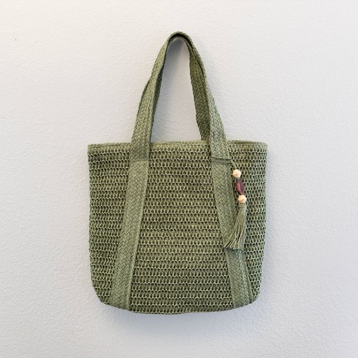 Large Woven Straw Shoulder Tote with Tassel Accent
