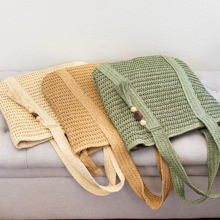 Large Woven Straw Shoulder Tote with Tassel Accent