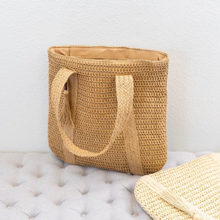 Large Woven Straw Shoulder Tote with Tassel Accent