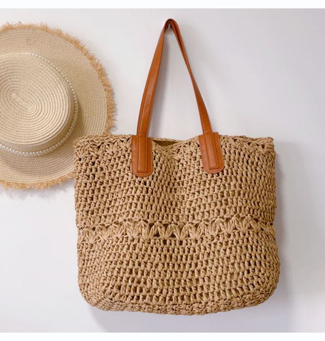 Large Openwork Straw Tote with Brown Shoulder Handles