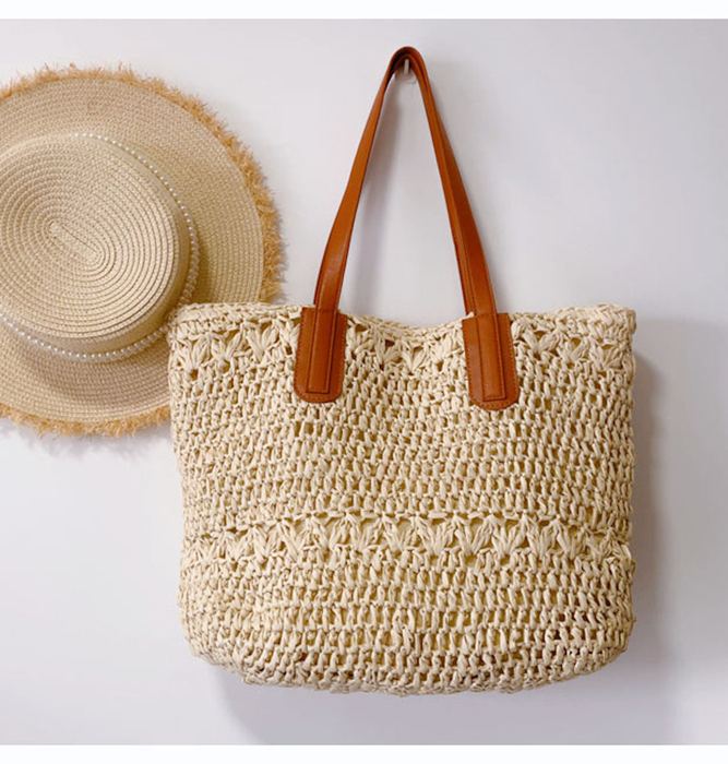 Large Openwork Straw Tote with Brown Shoulder Handles