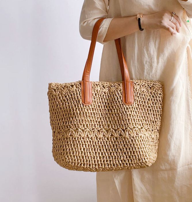 Large Openwork Straw Tote with Brown Shoulder Handles