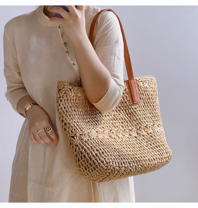 Large Openwork Straw Tote with Brown Shoulder Handles