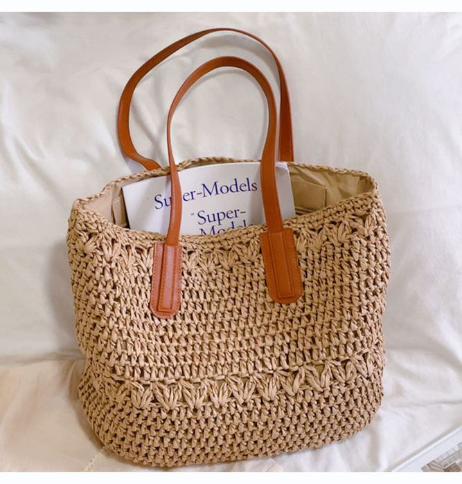 Large Openwork Straw Tote with Brown Shoulder Handles