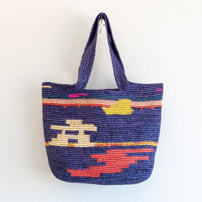Navy Raffia Shoulder Tote with Colorful Woven Motifs