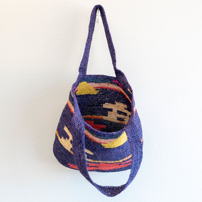 Navy Raffia Shoulder Tote with Colorful Woven Motifs