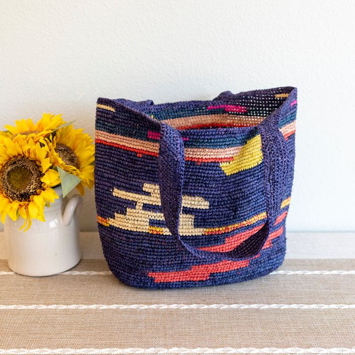 Navy Raffia Shoulder Tote with Colorful Woven Motifs