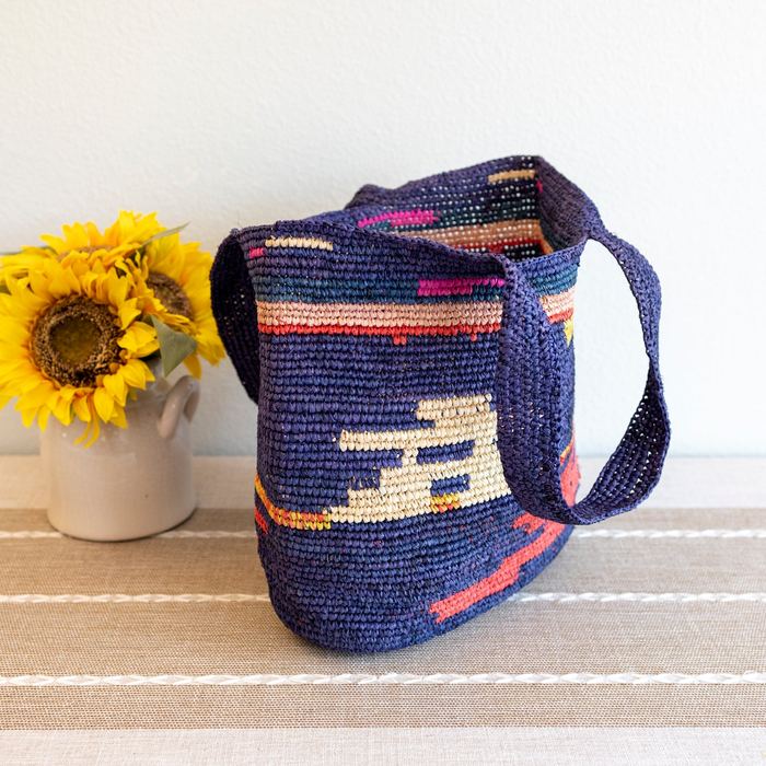 Navy Raffia Shoulder Tote with Colorful Woven Motifs