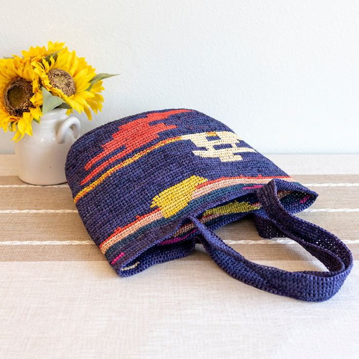 Navy Raffia Shoulder Tote with Colorful Woven Motifs