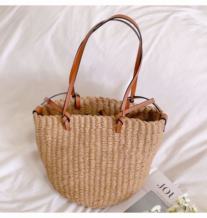 Rounded Straw Basket Tote with Brown Top Handles