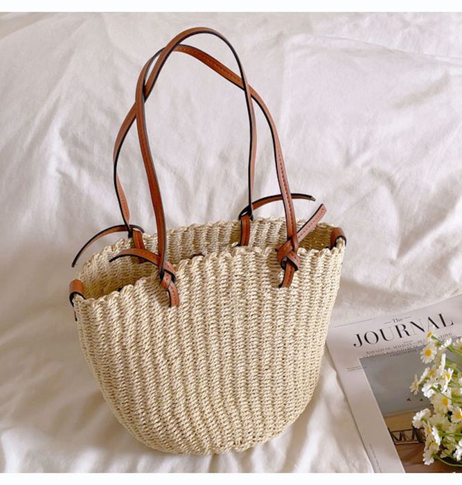 Rounded Straw Basket Tote with Brown Top Handles