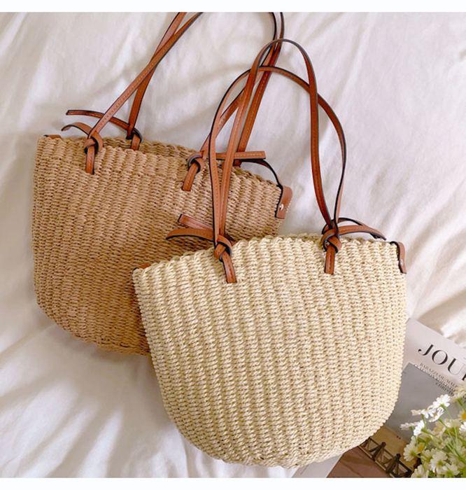 Rounded Straw Basket Tote with Brown Top Handles