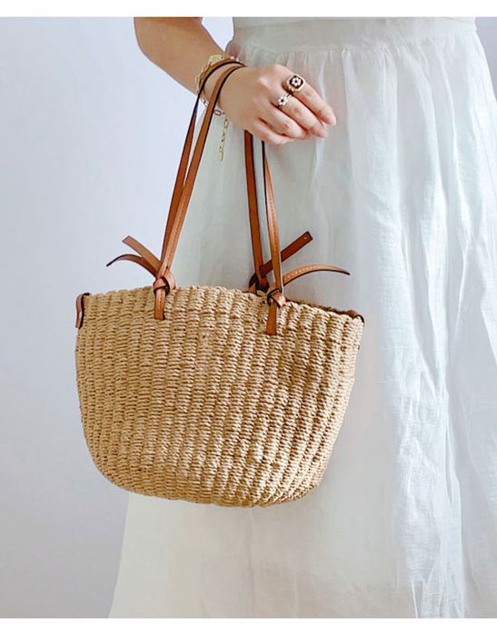 Rounded Straw Basket Tote with Brown Top Handles