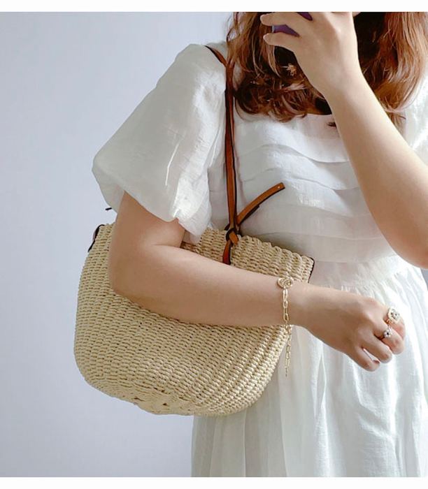 Rounded Straw Basket Tote with Brown Top Handles