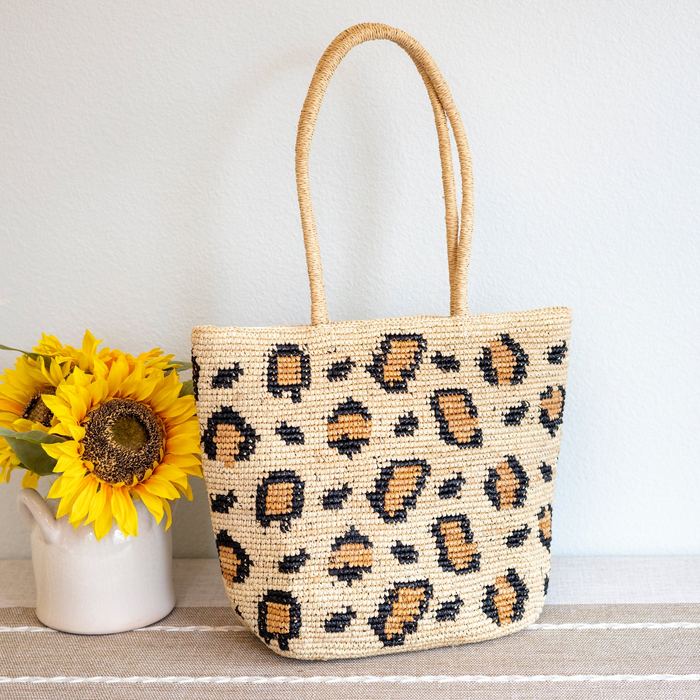 Leopard-Pattern Raffia Shoulder Tote