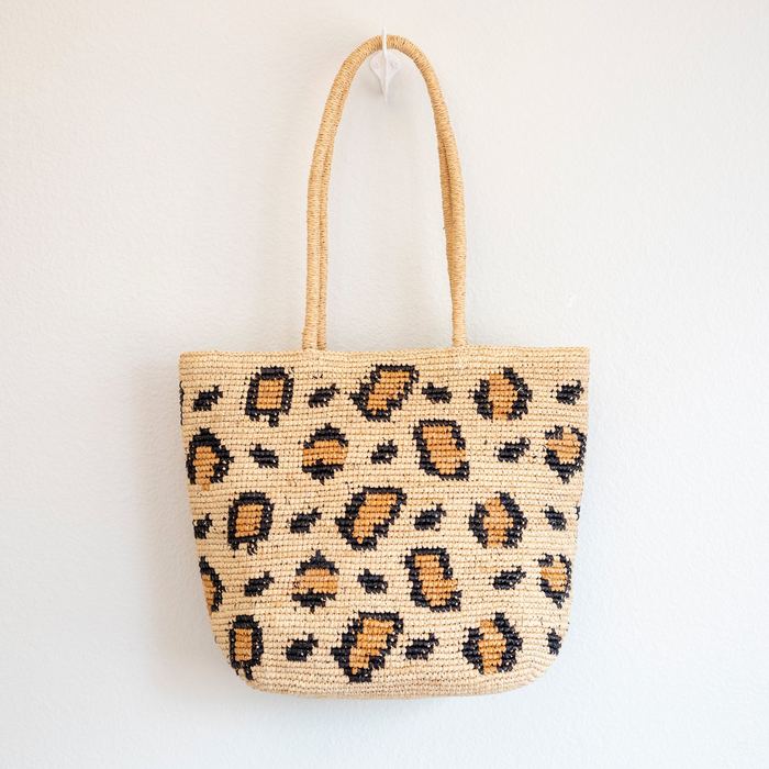 Leopard-Pattern Raffia Shoulder Tote