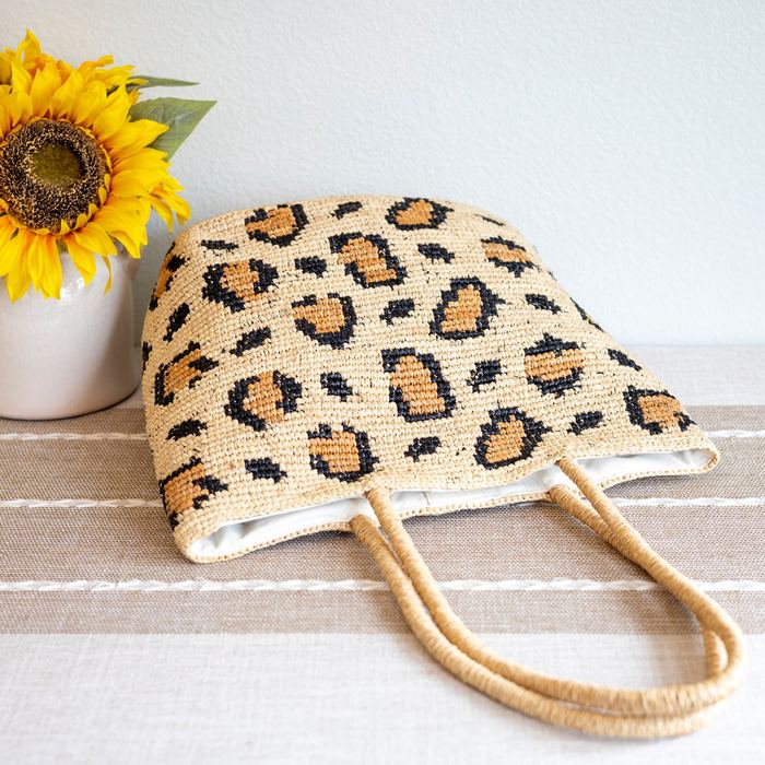 Leopard-Pattern Raffia Shoulder Tote