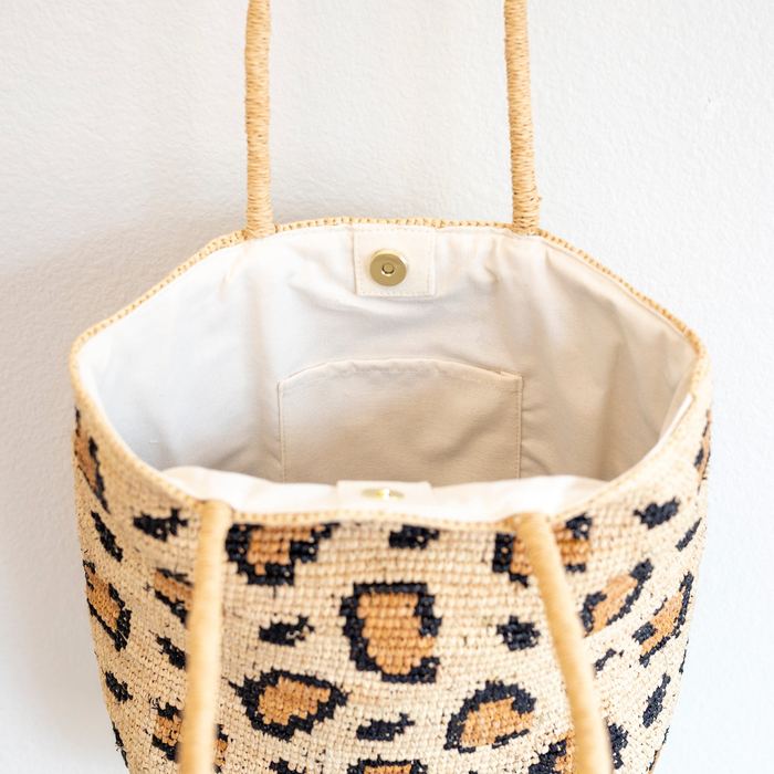 Leopard-Pattern Raffia Shoulder Tote