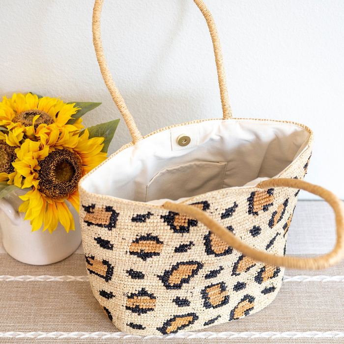 Leopard-Pattern Raffia Shoulder Tote