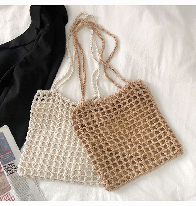 Square Open-Mesh Cotton Knit Shoulder Bag
