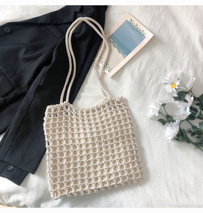 Square Open-Mesh Cotton Knit Shoulder Bag