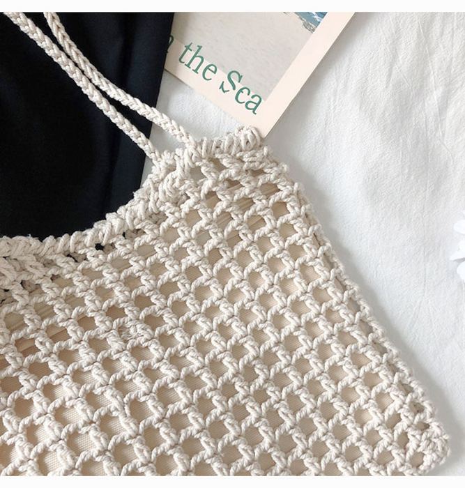 Square Open-Mesh Cotton Knit Shoulder Bag