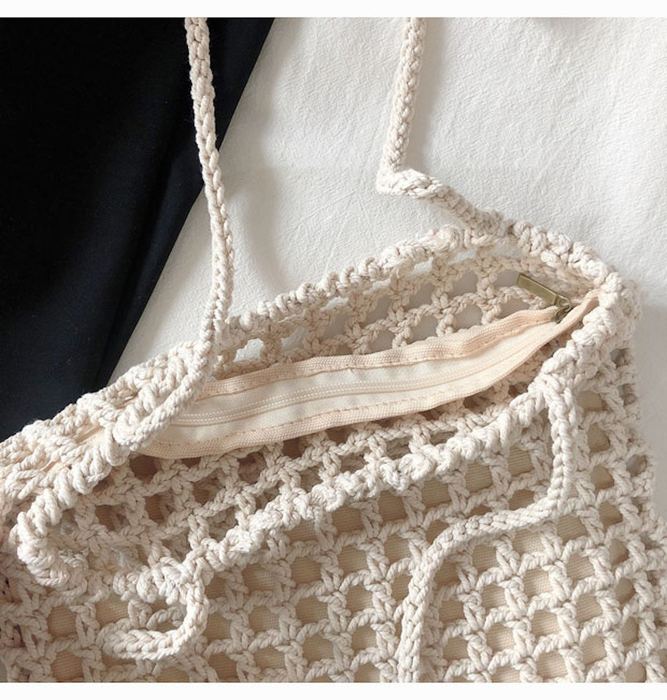 Square Open-Mesh Cotton Knit Shoulder Bag