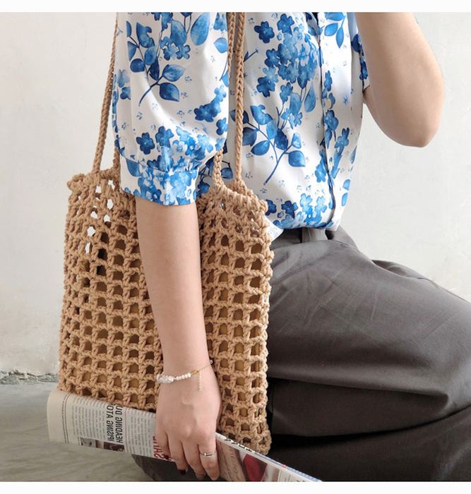 Square Open-Mesh Cotton Knit Shoulder Bag