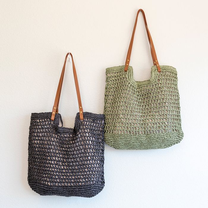 Square Woven Straw Tote with Long Brown Handles