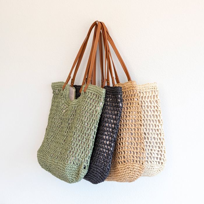 Square Woven Straw Tote with Long Brown Handles