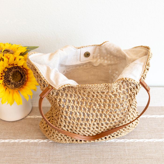 Square Woven Straw Tote with Long Brown Handles