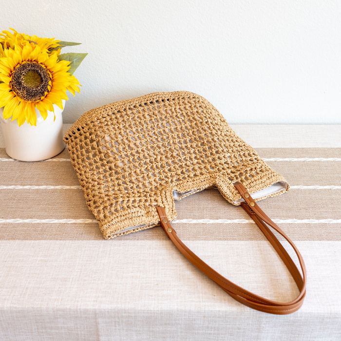Square Woven Straw Tote with Long Brown Handles