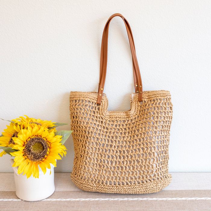 Square Woven Straw Tote with Long Brown Handles