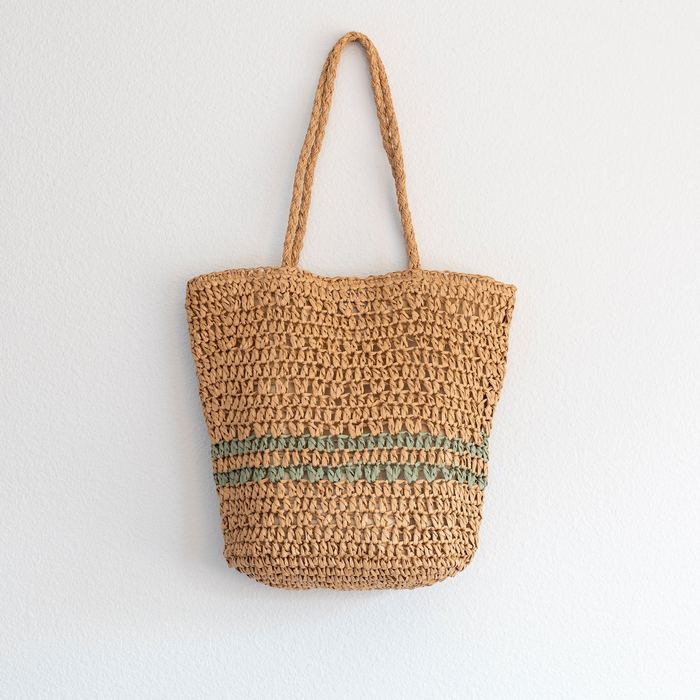 Natural Straw Shoulder Tote with Green Stripe Bands