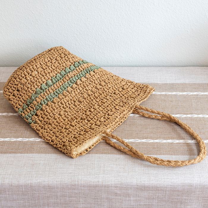 Natural Straw Shoulder Tote with Green Stripe Bands