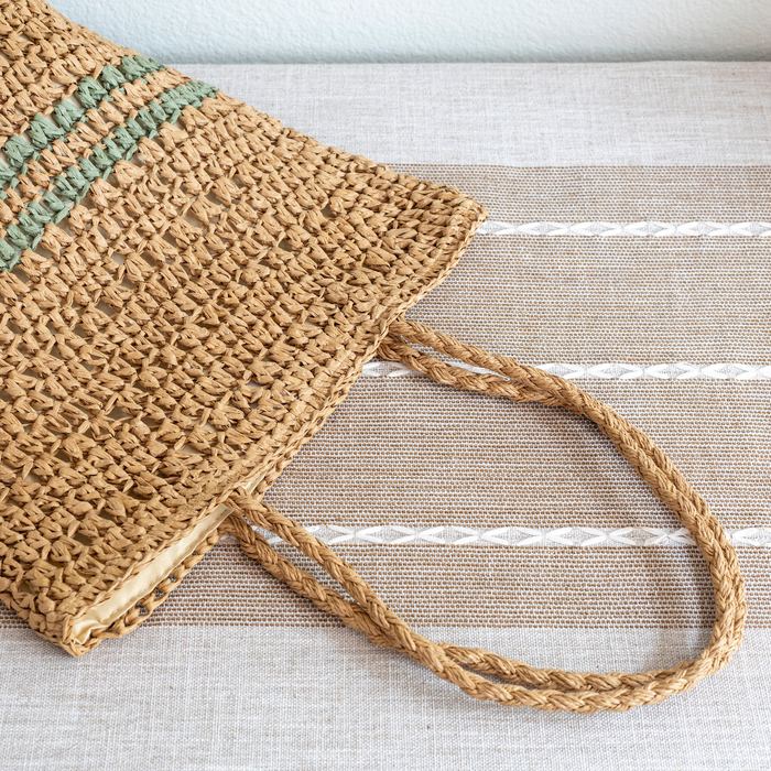 Natural Straw Shoulder Tote with Green Stripe Bands
