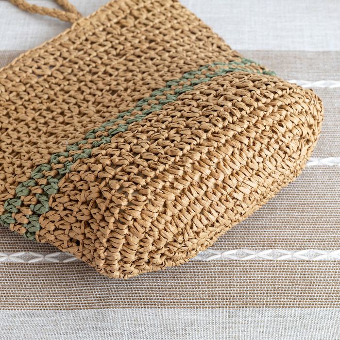 Natural Straw Shoulder Tote with Green Stripe Bands
