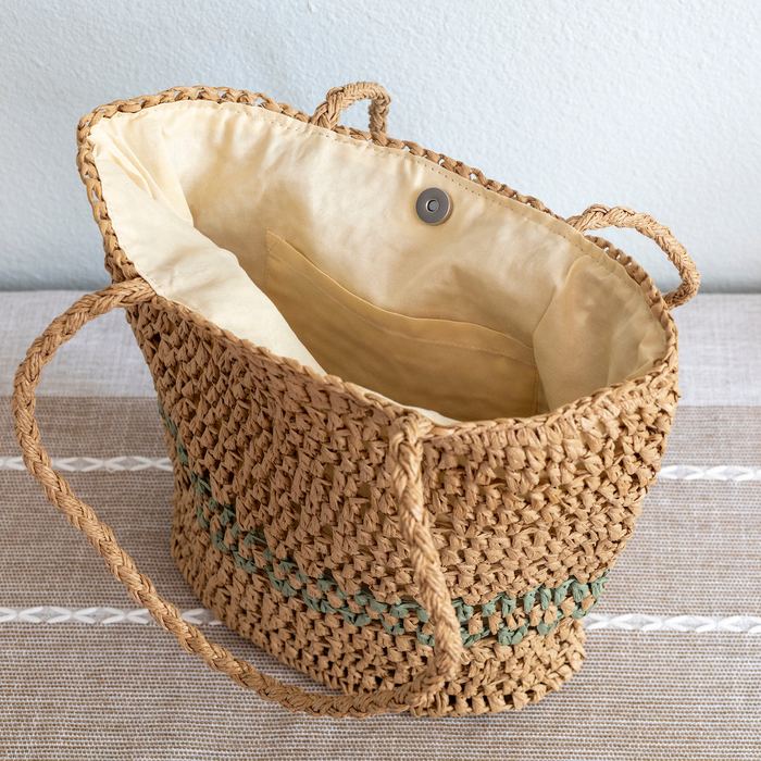 Natural Straw Shoulder Tote with Green Stripe Bands