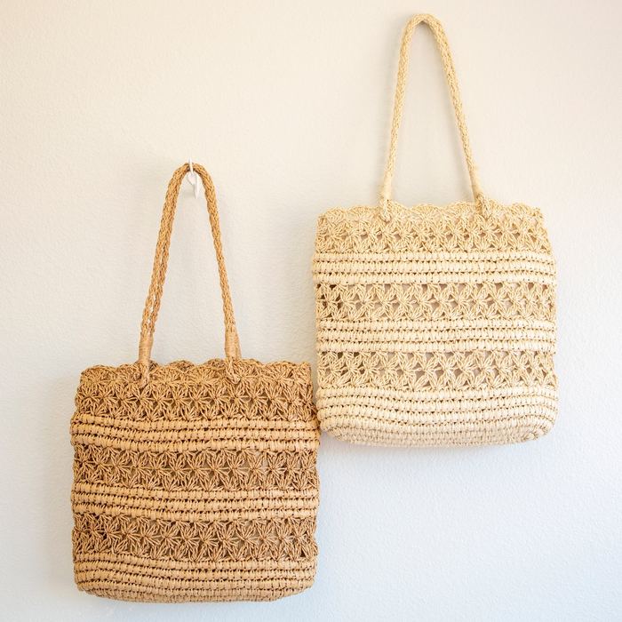 Floral Openwork Straw Tote with Long Handles