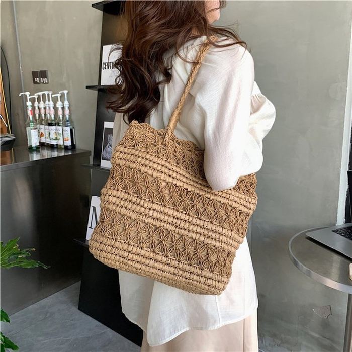 Floral Openwork Straw Tote with Long Handles