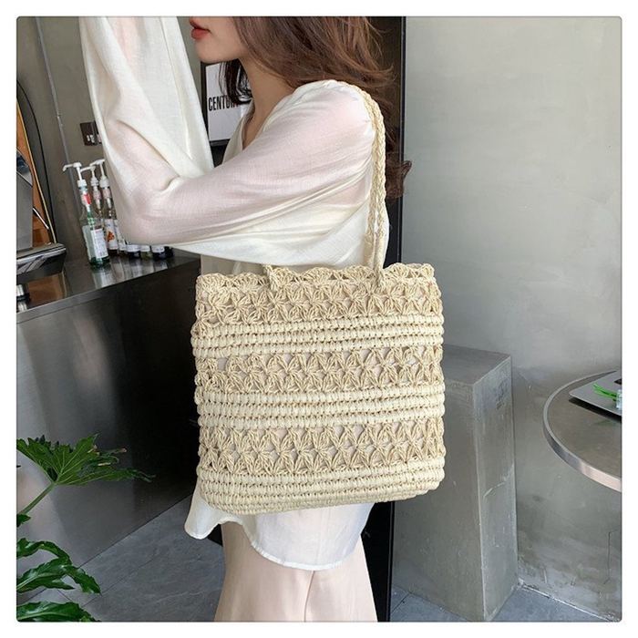Floral Openwork Straw Tote with Long Handles
