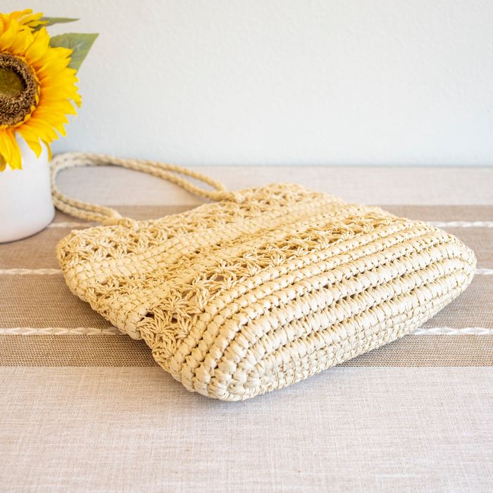Floral Openwork Straw Tote with Long Handles