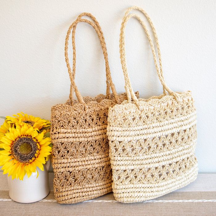 Floral Openwork Straw Tote with Long Handles