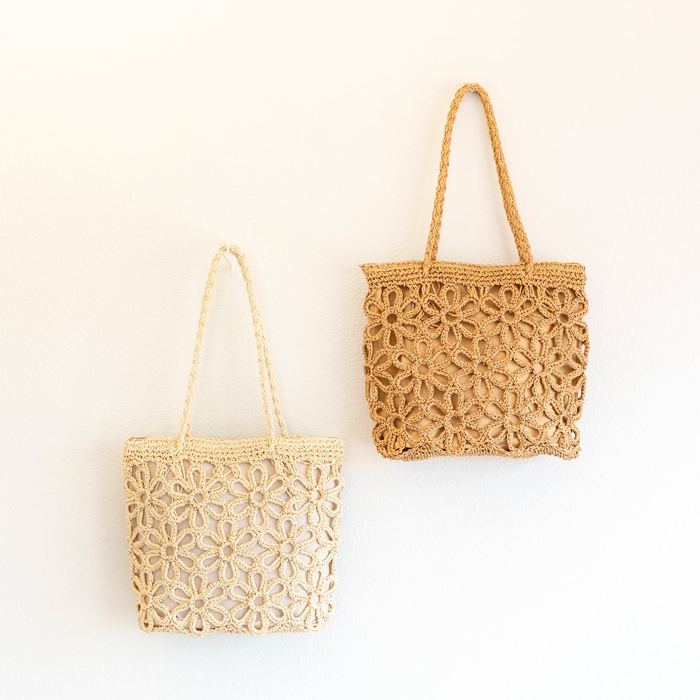 Floral Openwork Straw Tote with Long Woven Handles