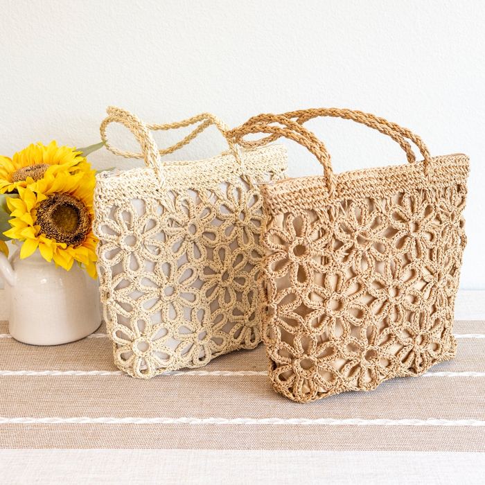 Floral Openwork Straw Tote with Long Woven Handles
