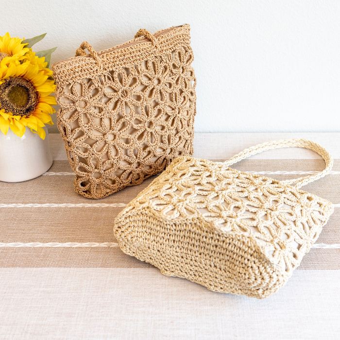 Floral Openwork Straw Tote with Long Woven Handles