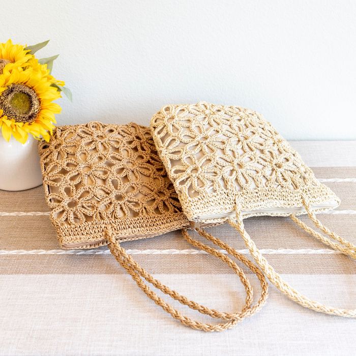 Floral Openwork Straw Tote with Long Woven Handles