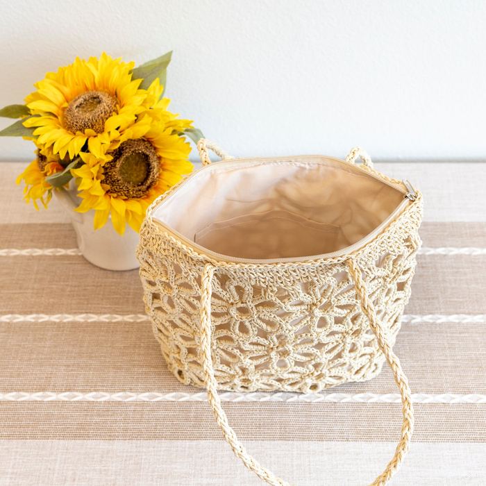 Floral Openwork Straw Tote with Long Woven Handles