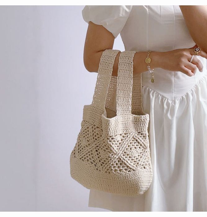 Openwork Cotton Crochet Bucket Bag with Wide Handles